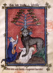 The Seven-headed Beast of the Apocalypse Venerated by a Hypocrite and Crushing a Saint, from La Somme le Roy by Frere Laurent, illuminated by Maitre Honore