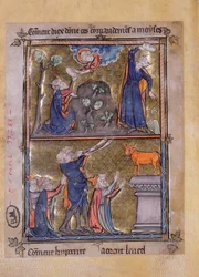 Moses on Mount Sinai and Moses and the Golden Calf, from La Somme le Roy by Frere Laurent, illuminated by Maitre Honore