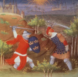 King Arthur Fights a Roman General, from a Manuscript of Histories, by the Boucicaut Master