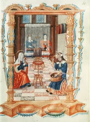 The Virgin Mary weaving in a workshop, from Chants royaux sur la Conception couronnee du Puy de Rouen