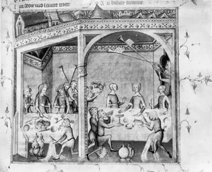 Musicians entertaining at a banquet, c.1370