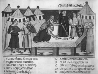 Arming a knight, from the Roman de Troie, 13th-14th century