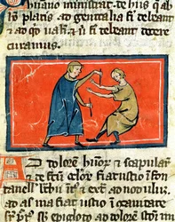 Doctor cauterising a wound with fire, from an edition of Book of Surgery by Rogier de Salerne