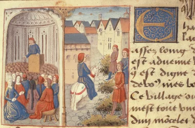 A Lecture and Strewing Rushes in the Streets, from Les Cent Nouvelles Nouvelles, 1462