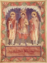 Ms Lat 1141 fol. 2v The Coronation of Charles II (823-877) with the Archbishops of Reims and Trier, from the Sacramentary of Metz