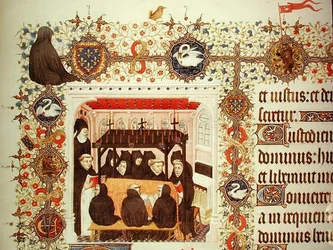 Mourning of the Duchess, with coats of arms and animal details, from the Grandes Heures de Duc de Berry