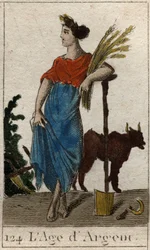 Myth of the Ages of Humanity: Representation of the Silver Age as a Young Woman Holding a Wreath of Wheat Near a Plough. From 