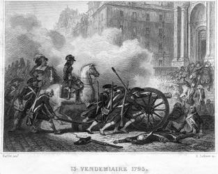 Napoleon Crushing Royalist Rebellion - Napoleon Bonaparte (on horseback) commanding revolutionary troops in street fighting on 13 Vendemiaire (5 October) - 13 Vendemiaire 1795 (Royalist insurrection of 5 October 1795)