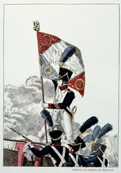 Napoleonic Armee: Line Infantry. Sergeant Major planting his eagle on a dread that was drastically wiped out. Engraving by Martinet