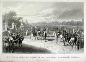 National Guard soldiers protect the National Assembly in Paris. Engraving from the French Revolution of 1848