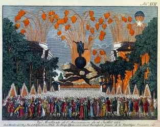 National fete of 14 July 1801 on the Champs-Élysées, Paris: Fireworks takes the place of the star on the Champs-Élysées in Paris. Print from 1801, Paris, Musée Carnavalet