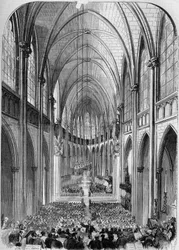 Neogothic architecture: interior view of the church of Sainte Clotilde in Paris, during its inauguration on 30 November 1857. Engraving by Bertrand in 