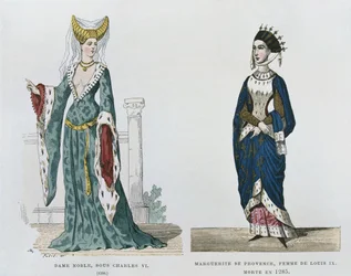 Noblewoman under the reign of Charles VI, Marguerite de Provence, wife of Louis IX, from Costumes civils et militaires des francais a travers les siecles
