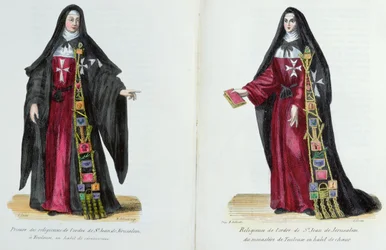 Nuns of the Order of St. John of Jerusalem, illustration from History and Costumes of Monastic Orders by Father Helyot, 1842