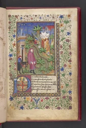 A gentleman in a landscape, followed by another mounted on a horse, with three ladies. Le livre des quatre dames; par Alain Chartier