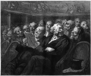 Orchestra chairs. Cartoon by Honore Daumier. Engraving in Le Monde Illustré n°1101 of May 4
