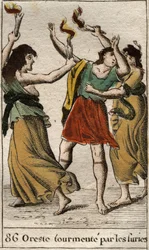 Orestes pursued by the Erinyes (or Furies) for revenging the death of his father Agamemnon by killing his mother Clytemnestra. From “Mythology of Youth” by Pierre Blanchard, 1803.