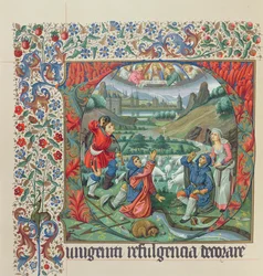 Page from a Facsimile Edition of Missel de Jouvenel des Ursins with an Historiated Initial and a View of Paris and the Seine in 15th Century