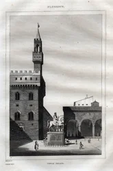 Palazzo Vecchio in Florence - Piazza della Signoria - Engraving from Picturesque Italy - Historical and Descriptive Painting of Italy by M. de Norvins, Ch. Nodier 1834-1836.