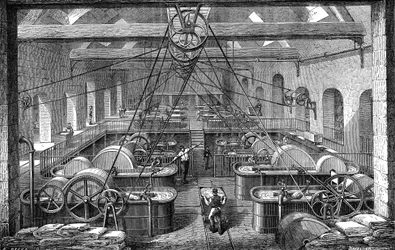 Paper industry: workshop for refining and whitening paper pulp. Engraving 1867