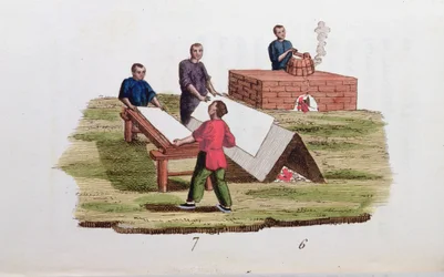 Paper manufacturing from bamboo, from La Chine en Miniatures by M. Breton, published in Paris, 1811
