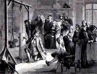 Papin (1647 - 1714) experiments with his powder machine before the professors of the University of Marburg - in Album of Science; illustrious scientists; Great discoveries 1896
