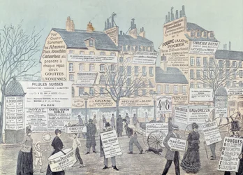 Paris Street Scene with many advertisements, mainly for medicines, 1885