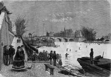 Paris, winter 1868: the Seine frozen. View of the river at the height of the Pont Neuf. Engraving in "Le Monde Illustre" n°561 of 11 January 1868.