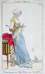 Parisian costume: bonnet trimmed with tulle, fichu on the shoulders, 1802