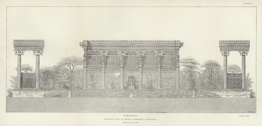 Persepolis, Hypostyle Hall of Xerxes, geometrical elevation, restored by Ch Chipiez