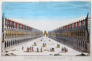 Perspective view of decorations on the Pont Notre-Dame in Paris