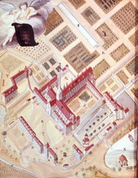 Perspective view of the abbey of Port Royal des Champs as the crow flies. 18th century gouache drawing. Versailles Museum