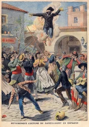 Picturesque custom of Holy Saturday in Spain: the people make a wicker mannequin dressed in oriskins (Judas) that are walked through the streets, invective, shot and burned - illustration from 