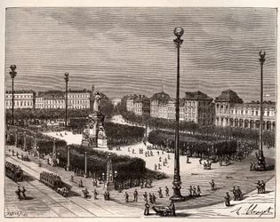Place de la Republique in Paris - engraving in La France illustree: geography, history, administration statistique by V.A. Malt-Brown. 1884
