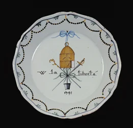 Plate with an open bird cage and the legend Vive la Liberte, 1791