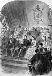 Plebiscite of 1870: presentation of the official declaration of the results to Napoleon III. Also present are the emperor Eugenie de Montijo, her son Prince Imperial, the princesses Mathilde Bonaparte and Clo