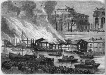 Firefighters trying to extinguish the fire of the swimming school boats on the Saint Martin canal in Paris, on January 5, 1864. Engraving in "Le Monde Illustre" n°553 of 16 January 1864