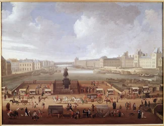 Pont-Neuf, Paris, seen from the entry to Place Dauphine showing 4 Nations College, Quai Malaquais and Louvre