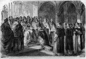 Pope Adrian II (792-872) handed over to one of his legates a bubble of excommunication against Lord Normand. Engraving in 