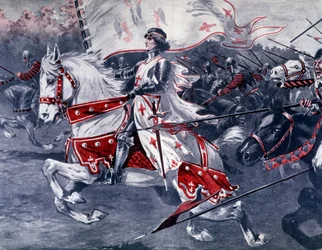 Portrait of Joan of Arc on horseback with royal flag, late 19th-century France.