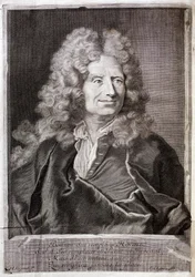 Portrait of Nicolas Boileau, also known as Boileau Despreaux (Boileau-Despreaux) poet, writer. Engraving to illustrate the Works of M. Boileau Despreaux, with historical illuminations, Volume 1, edition Fabre et Barillot.