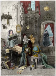 Portrait of Nostradamus, Michel de Notre Dame (1503-1566), French Astrologer and Doctor with Catherine de Medicis (1519-1589) - 19th Century Engraving