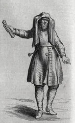 Portrait of a Jewish man holding the Mezuzoth. Engraving in 