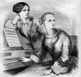 Portrait of the Cruvelli sisters, German dancers. Sophie Cruvelli and Marie Cruvelli. Engraving from 1852.