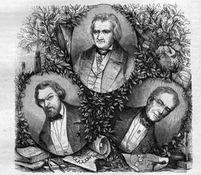Portraits of Jean Baptiste Antoine Lassus, French architect; Charles Lacretelle Jeune, French historian and lawyer; and Baron Auguste Gaspard Louis Desnoyers, French engraver. Engraving from 1858.