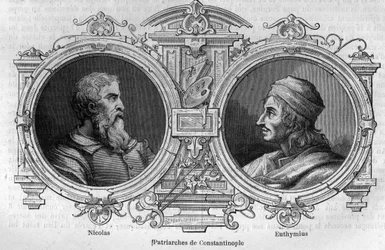 Portraits of Nicholas the mysthic (10th century) and Euthymius of Athos (955-1028), Patriarchs of Constantinople. Engraving in Histoire des Papes-Rois-Queen and Empereurs a travers les centuries by Maurice Lachatre