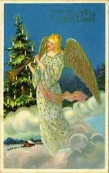 Postcard, Christmas greetings: angel with trumpet on clouds