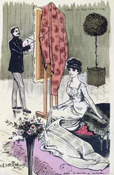 Postcard depicting a fashionable portrait painter at work, 1910