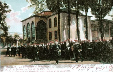 Postcard depicting the Investiture Ceremony of Sultan Mehmet V, May 1909