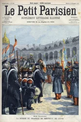 Presentation of the flag of the Regiment of China by General Faure Biguet to General Arnoux governor at the Invalides in Paris, in Le petit Parisien 1901 (engraving)
